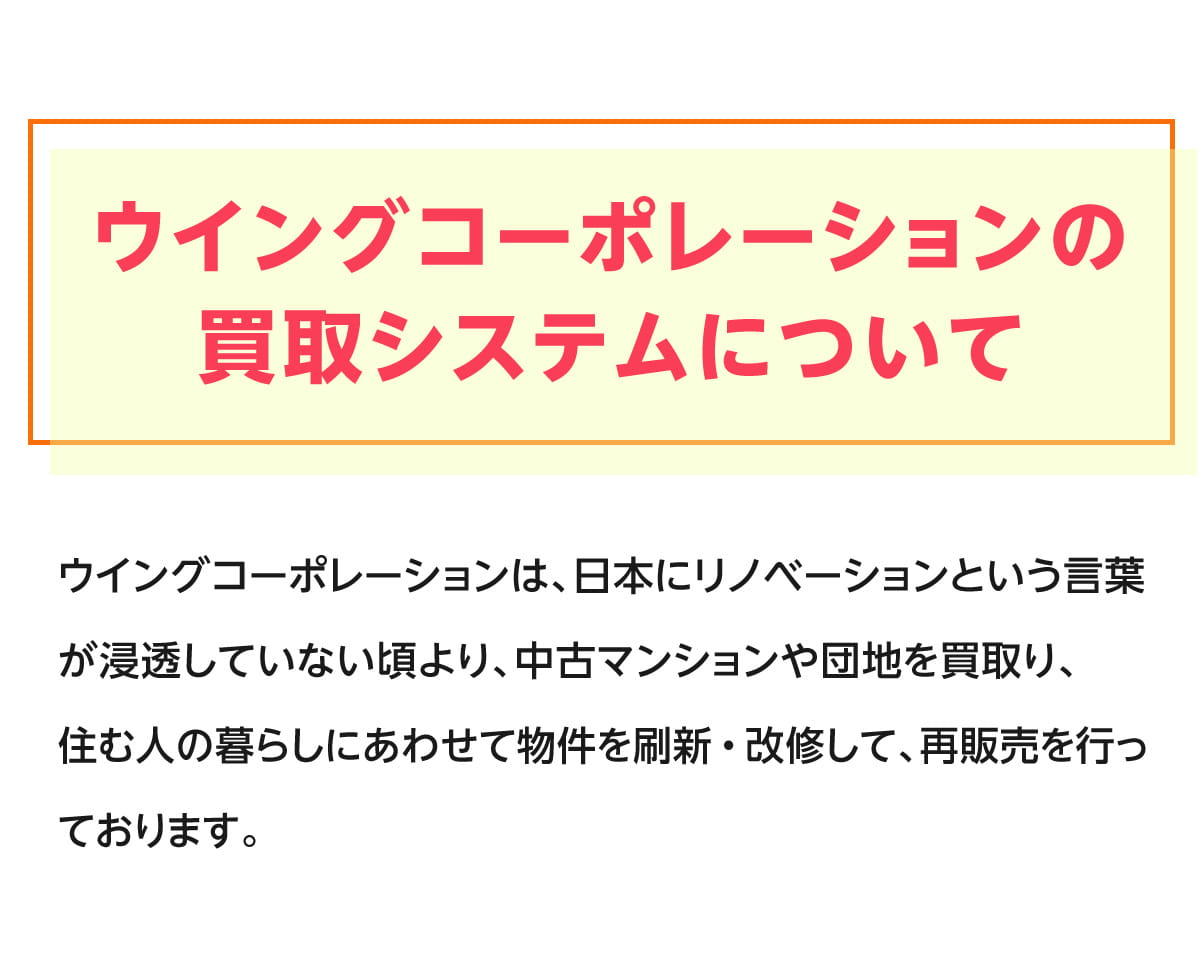 ウイングコーポレーションの買取システムについて　ウイングコーポレーションは、日本にリノベーションという言葉が浸透していない頃より、中古マンションや団地を買取り、住む人の暮らしにあわせて物件を刷新・改修して、再販売を行っております。